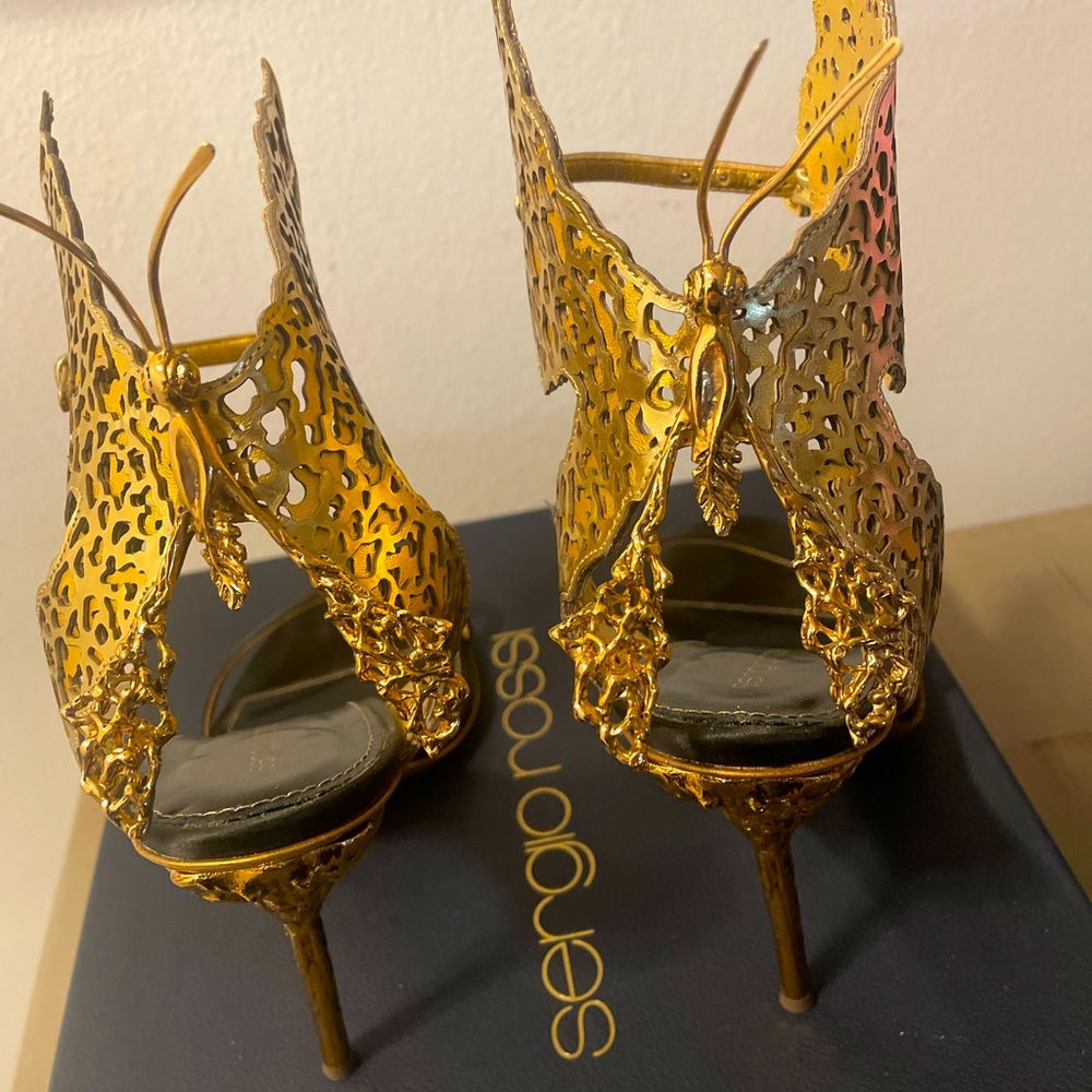 Sergio Rossi black satin and gold butterfly sandals size 41